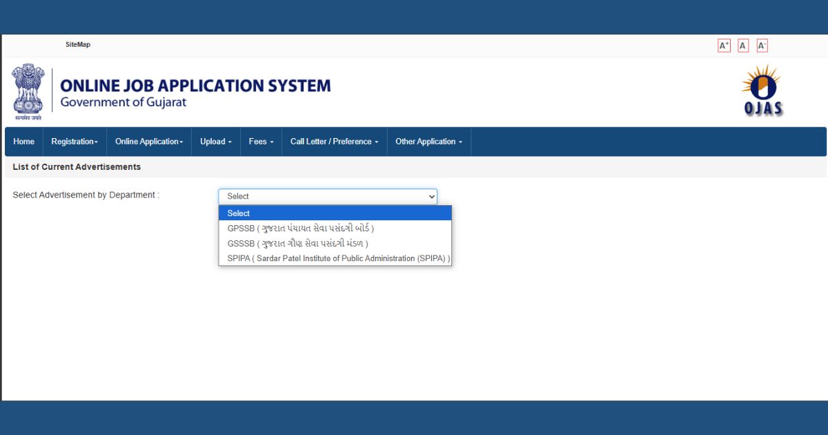 OJAS online job application system showing GSSSB Revenue Talati Bharti 2025 department selection menu