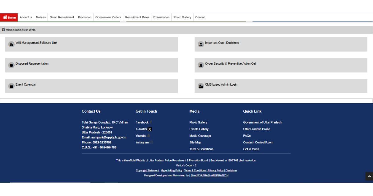 UP Police Sub Inspector Vacancies 2025 official portal showing contact info and footer section with quick links
