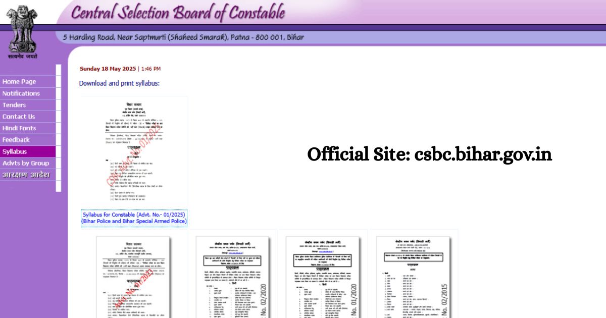 Official CSBC Bihar website showing Constable syllabus for Bihar Police Vacancies 2025.
